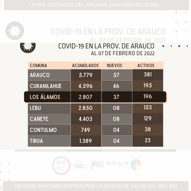 CON 200 CASOS, LOS ÁLAMOS SE POSICIONA COMO LA 3° COMUNA DE LA REGIÓN CON MAYOR TASA DE CONTAGIOS ACTIVOS